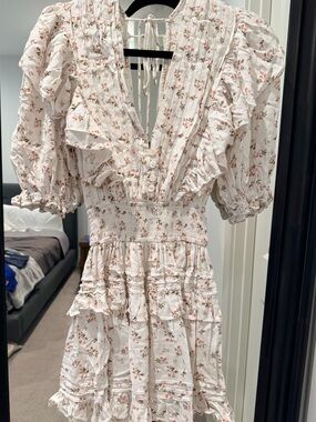 Free People White Floral Ruffle Mini Dress with Pink Accent